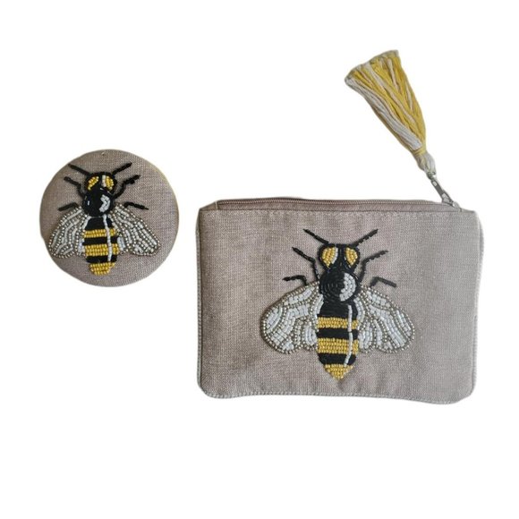 Cracker Barrel Bee Beaded Linen Travel Pouch and Linen Mirror Set - NEW - Picture 1 of 2